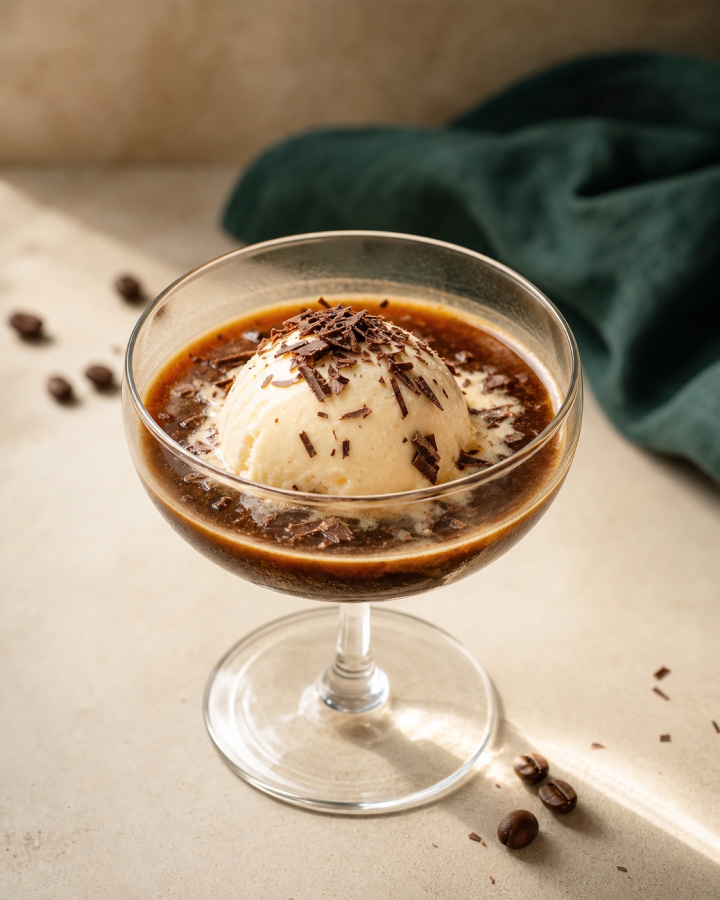 Cold brew affogato with vanilla ice cream and chocolate shavings in a coupe glass
