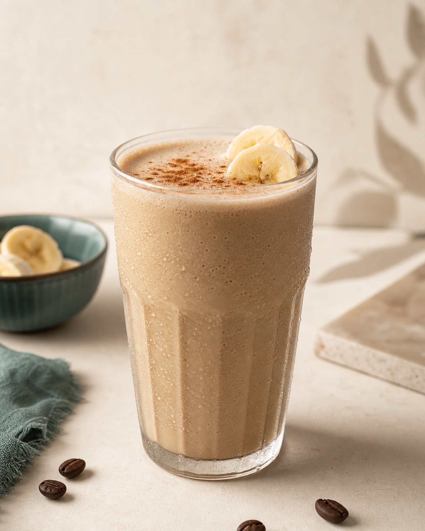Creamy banana cold brew shake with banana slices and cinnamon