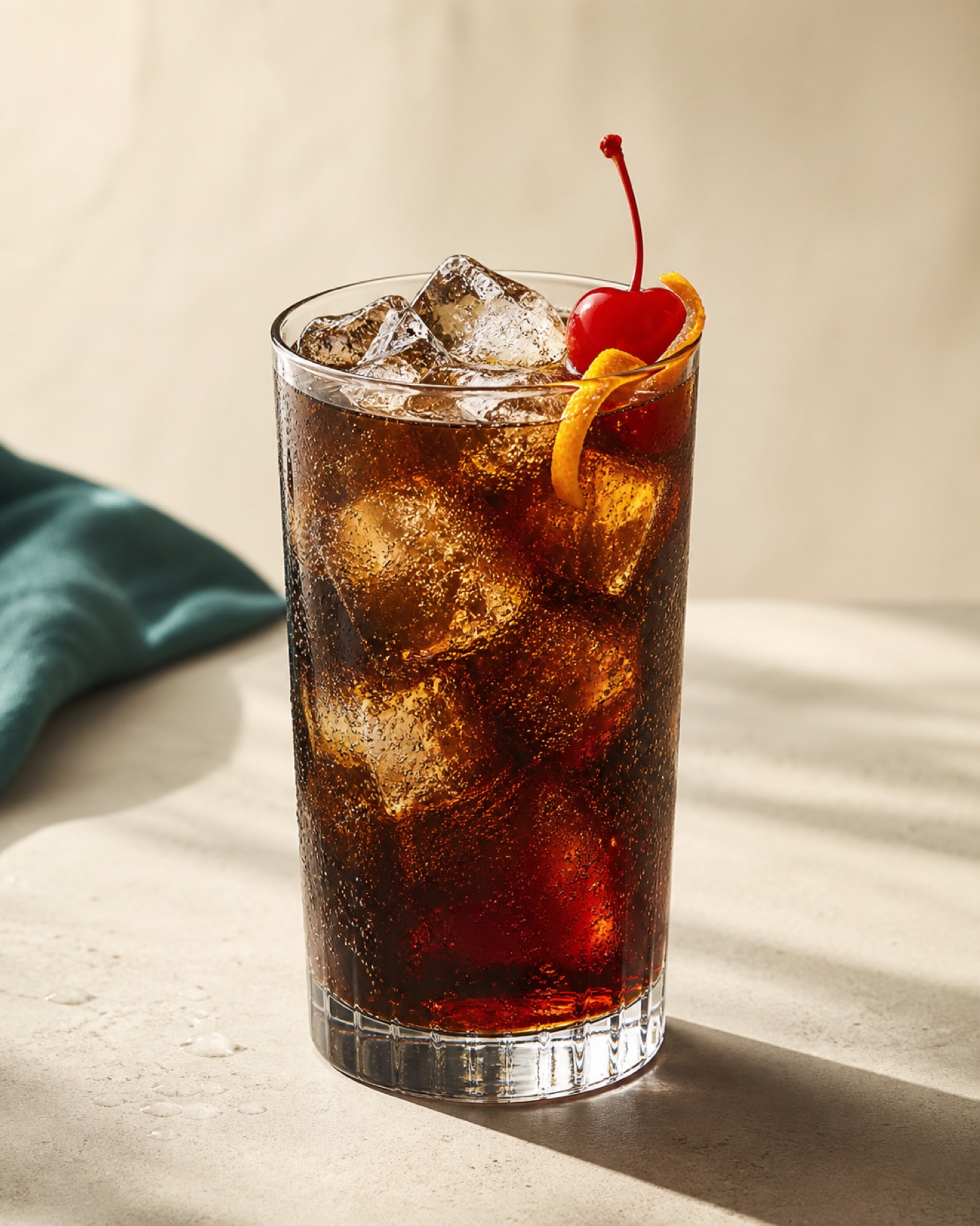 Cherry cola cold brew over ice with cherry and orange peel garnish