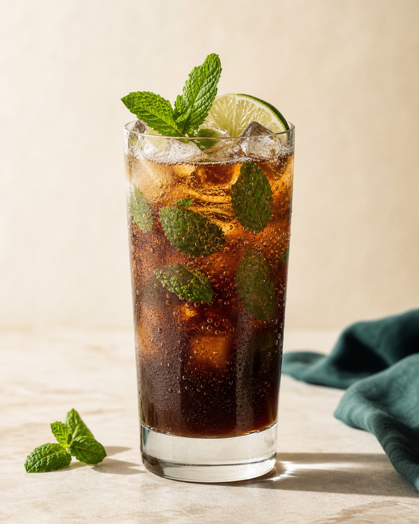 Sparkling mint cold brew spritz with ice, mint leaves, and lime garnish