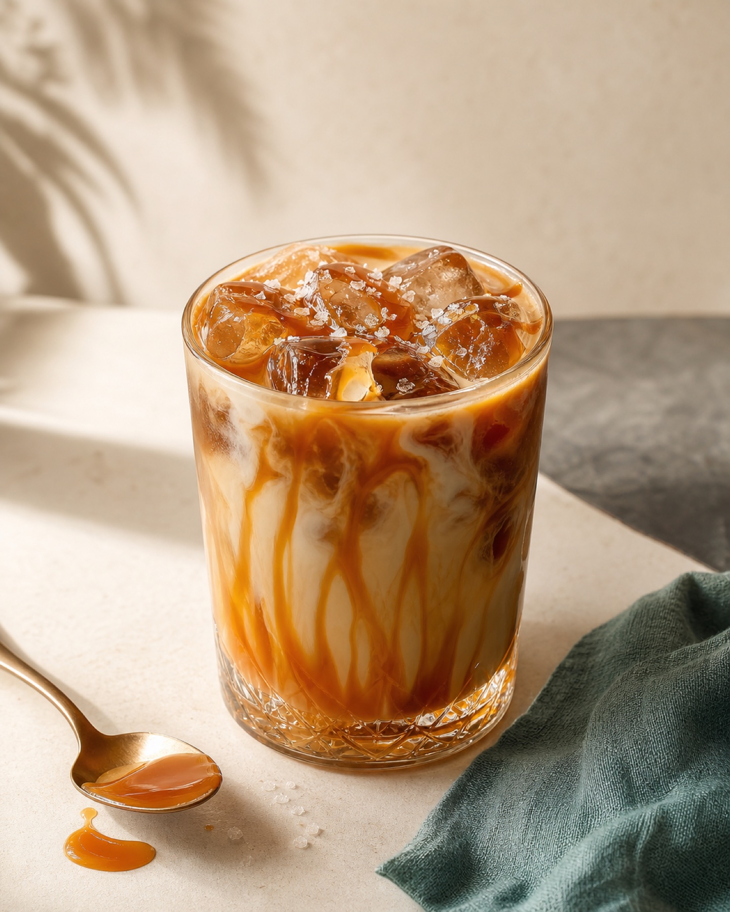 Iced salted caramel cold brew with caramel ribbons and flaky salt