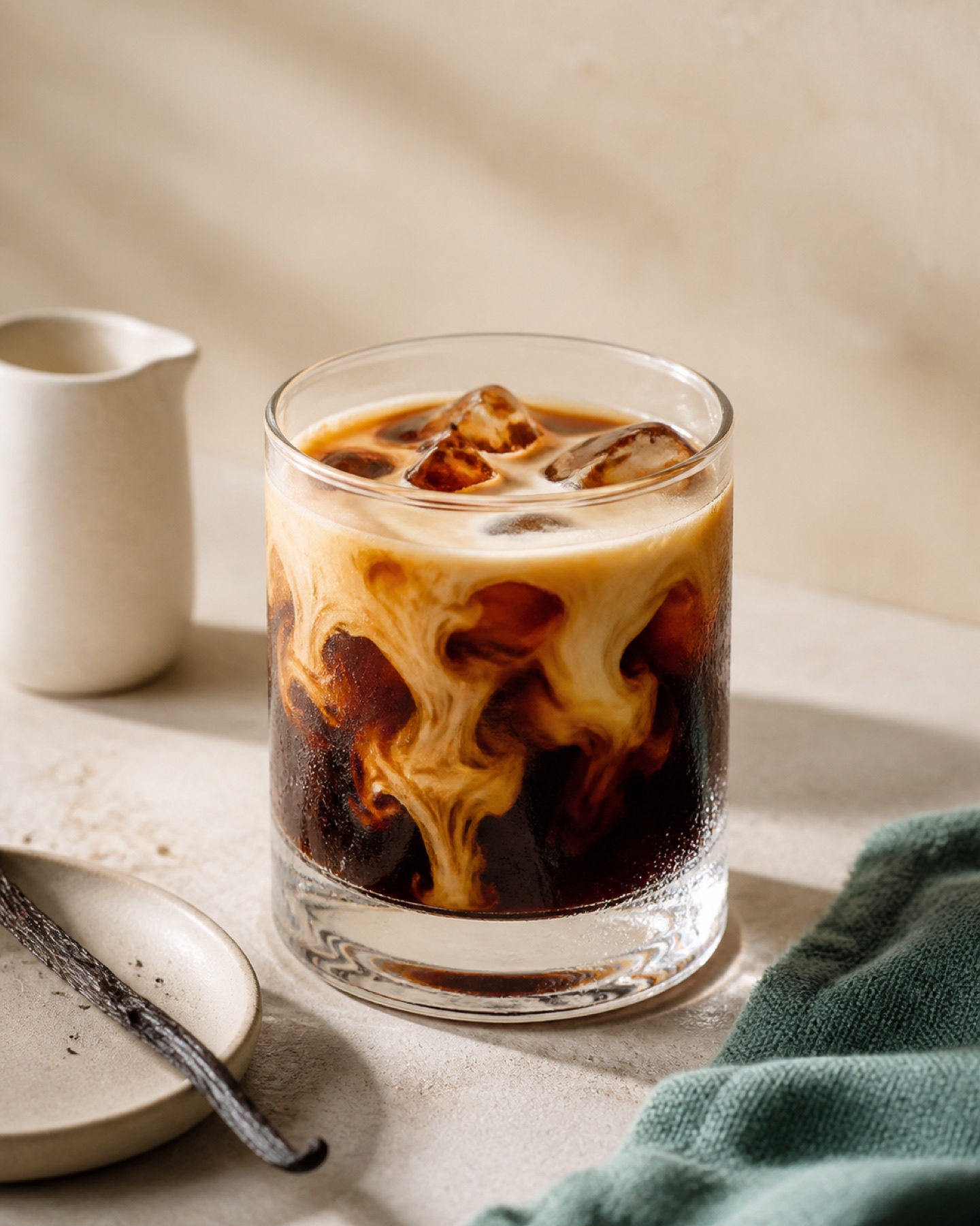 Iced vanilla cold brew cream with a vanilla bean and cream pitcher on a warm studio surface