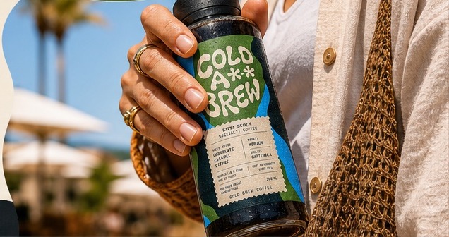 Hand holding a chilled Cold A** Brew bottle in a sunny outdoor setting