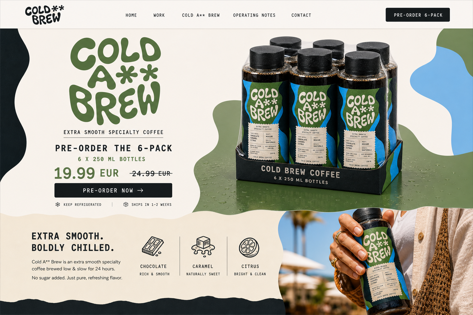 Cold A** Brew preorder page with 6-pack cold brew product, price, taste notes, and chilled lifestyle photography